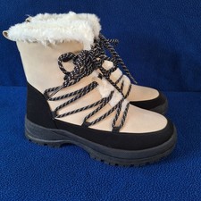 Womens Winter Snow Ankle Boots Cream Black Lace Up With Faux Fur Trim UK4/EU 37