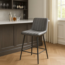CLIPOP Bar Stools  Grey Faux Leather Upholstered Breakfast BarStool Metal legs