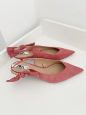 Zara Pink  Suede Pointed low Kitten Heel Sling Back Court Shoes Size 6