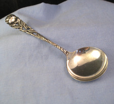 ANTIQUE SILVER SPOON LADLE ROSE FLOWER HANDLE MAKERS MARK AXE HEAD IN SHIELD