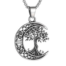 Stainless Steel Tree of Life Moon Pendant Necklace 600mm Chain Jewelry B25
