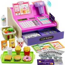 Wooden Cash Register for Kids with Scanner Calculator Till Toy for Toddlers
