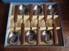SIX VINTAGE GEORGE BUTLER SHEFFIELD SOUP SPOONS WOODEN HANDLES N811 MID CENTURY