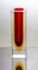 Vintage 60s Murano Sommerso Red yellow Clear Art Glass Faceted Block Vase UV glo