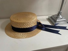Vintage Epsom Straw Boater By K R Snoxell & Sons Sz M Navy Blue Ribbon 