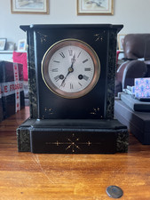 ﻿Very Attractive Antique Slate and Green Marble Chiming Mantle Clock that works