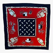 Vintage 80s Carriage & Lamp Geometric Print Red & Navy Polyester Scarf 90s Retro