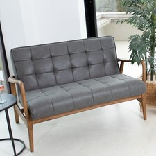 GREY FAUX LEATHER SOFA RETRO