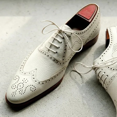 Men white leather - leather, wingtip