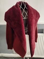 Roman Burgundy Chunky Knit Waterfall Teddy Faux Shearling Cardigan Size 10 VGC