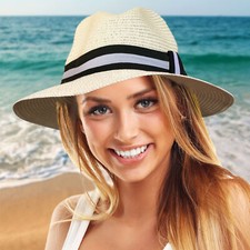 TOSKATOK Ladies Straw Panama Fedora Sun Hat with Contrast Band…