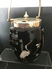 Vintage Black painted glass honey /sugar or jam pot, stork and flowers