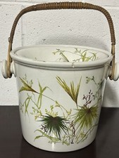 Victorian Ceramic Slop Pail / Bucket Decorated With Flowers & Bamboo Handle (A/)