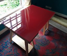 VINTAGE HABITAT GLASS TOP TRESTLE TABLE RUBY GLASS C 2002 GOOD CONDITION 