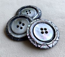 LAST 3 Antique Carved Rim Silvery Pearlescent MOP Buttons, 4 Hole, 30mm, Set #2a