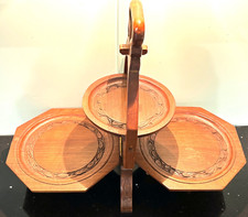 Rare Antique Folding 3 Tier Hand Carved Wooden Muffin / Cake Stand