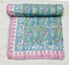 Indian Cotton Hand Block Print Kantha Bedspread Handmade Quilt Throw Blanket