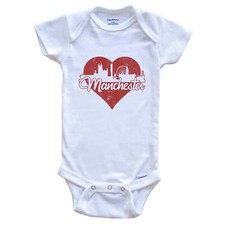 Retro Manchester England Skyline Red Heart One Piece Baby Bodysuit