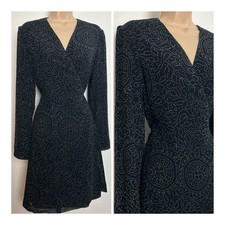 Vintage Y2K ELEMENTS BY ESCADA Black Grey Spot Pattern New Wool Wrap Dress 8-10