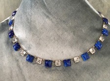 Art Deco 925 Silver Necklace With Crystal & Faux Lapis Lazuli Square Gemstones