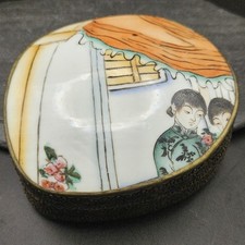 Vtg Antique Chinese Trinket Box Silver Plated Porcelain Shard Hand Painted