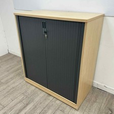 Ofquest Mid-Height Tambour Cupboard, 2 Adjustable Shelves, Maple / Grey, H1120mm