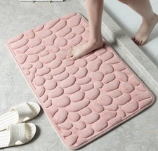 Pink Memory Foam Rug Cobblestone Embossed Bathroom Mat Rapid Water Absorbent