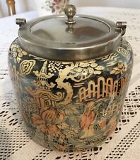 NEWPORT POTTERY BURSLEM ORIENTAL THEMED BLACK & ORANGE GLAZED BISCUIT JAR 