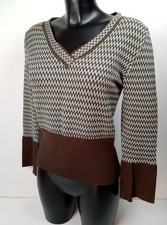Armand Basi V-Neck Ribbed Hem Jumper Size S Brown Light Blue Chevron Knit Top