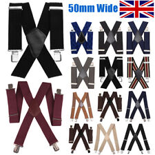 Mens 50mm Wide Heavy Duty X Shaped Braces Elastic Suspenders Trousers Clips UK