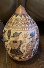 Hand Carved Peruvian lidded Gourd 9” Intricate Storytelling Gourd Art estate JAB