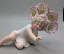 Vintage German Porcelain Bisque Piano Baby Bonnet Flower Head 16cms