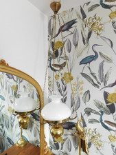 Stunning Oil Lamp Style Brass Hanging Lamp with White Glass Shade & Chimney