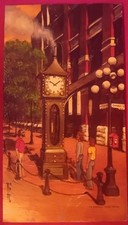 Retro 1970s Oil and  burnt wood Painting. Gastown Steam Clock Vancouver. signed