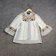 WYSE London Blouse UK 6 White Navy Mustard Embroidered Peasant Bell Sleeves Boho