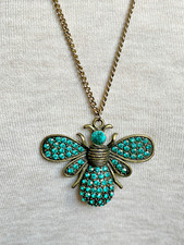 Bee Necklace Gold Tone 24.5” Chain with Vintage Style Blue Rhinestone Pendant