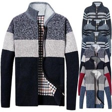 Mens Zip Up Thick Fleece Lined Winter Knitted Cardigan Striped Jumper Cardigan