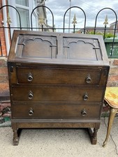 Vintage Priory Style Dark Oak Drop Front 3 Drawers Office Home Bureau