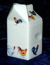 Milk carton shaped jug off white ceramic decorated with  chickens, cockerel hens