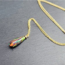 Black Opal Teardrop Pendant Necklace 14K Gold Gold Chain Fiery Multicolor Gem
