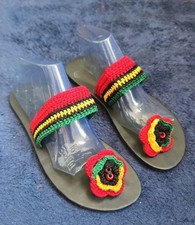 LADIES RASTA SHOES 6 FLATS THONGS COLOURS ROSE  FLORAL FESTIVAL CROCHET KNIT 