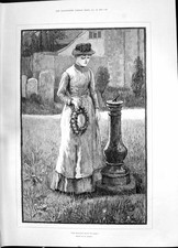 Antique Old Print 1885 Healing Hand Time Beautiful Woman Grave Flowers Rainey