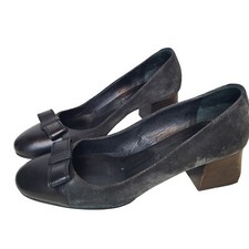 Lanvin women pumps shoes gray suede black cap toe bow heel sz EUR 38.5 US 7-7.5