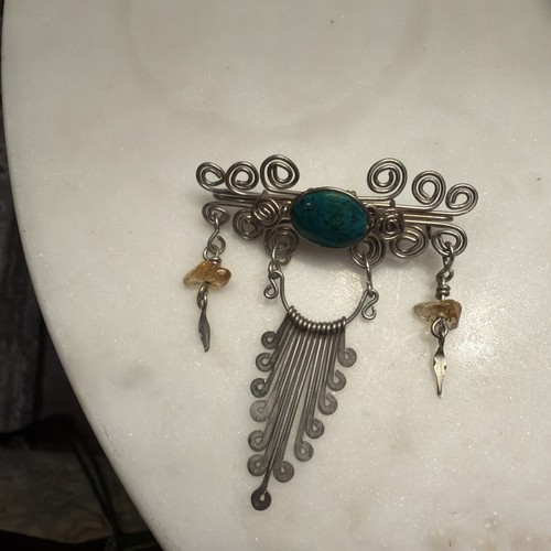 Peruvian silver tone brooch - silver-tone,