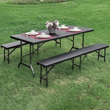 Metal Rattan Garden Dining Table & Chairs Set Folding Camping Picnic Table Bench