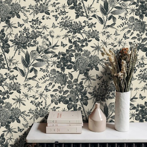 Retro black floral wallpaper - black,