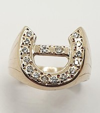 Big 9ct Yellow Gold Diamond Horseshoe Horse Shoe Ring Size Q