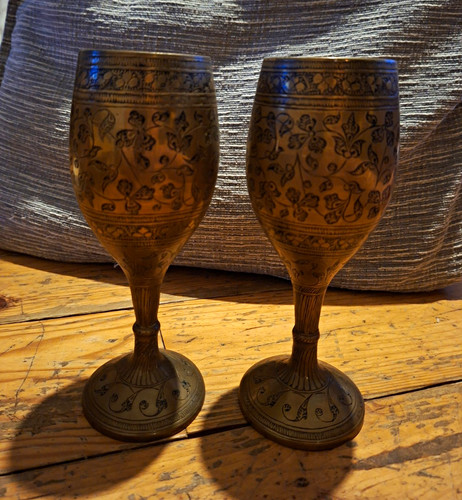 Pair engraved brass goblets - of,