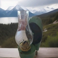 Vintage English Round Green Metal Hanging  Oil Lamp With Glass Chimney