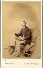 CDV DAPPER GENTLEMAN BY MELHUISH STUDIO ROCK PROP SEASIDE ANTIQUE PHOTO CANE HAT